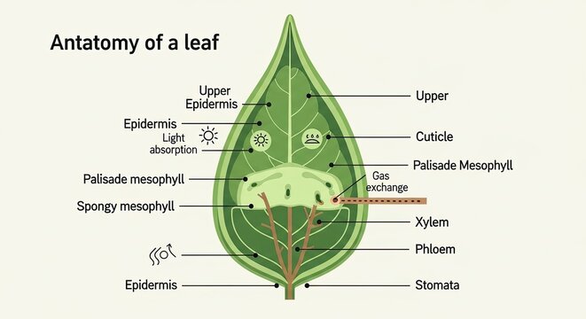 Anatomical illustration detailing the structure and functions of a plant leaf, including epidermis, mesophyll layers, and vascular tissues.