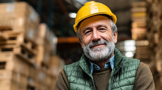 A smiling older man wearing a yellow hard hat in a warehouse setting