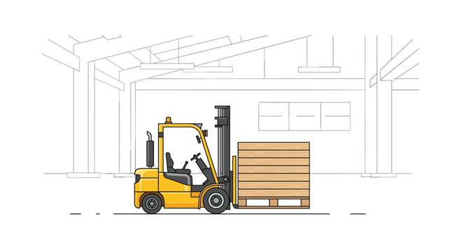 Minimalist line art illustration of a yellow forklift carrying a wooden pallet inside a spacious warehouse facility with clean white background lighting.