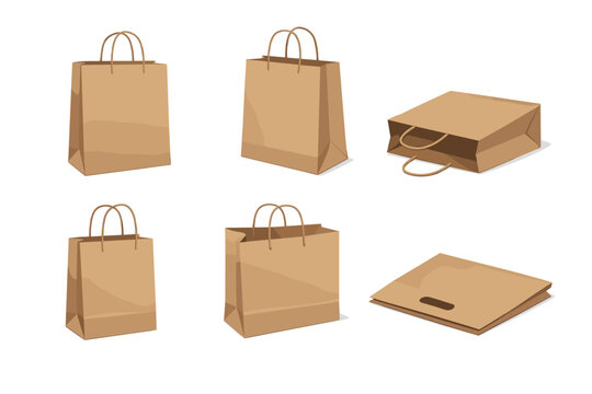 Professional realistic brown paper shopping bag mockup collection featuring various angles and views including front, perspective, side, and folded flat for retail branding and eco-friendly packaging.