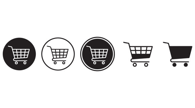 Set of five minimalist shopping cart icons in flat design for e commerce and retail applications
