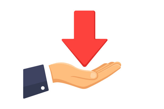 Business hand holding red downward arrow icon isolated on white background. Vector illustration for cost reduction, falling prices, economic loss, financial decrease, and negative market trend.