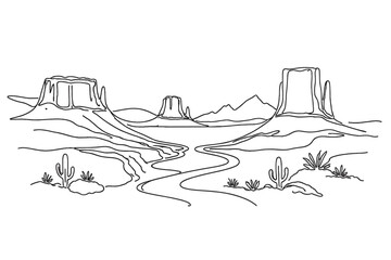 Naklejka premium Continuous Line Art Drawing of Monument Valley Desert Landscape with Mesas Buttes and Cacti in Arizona Utah Wild West Nature Scene Minimalist Vector Illustration for Travel and Adventure Design