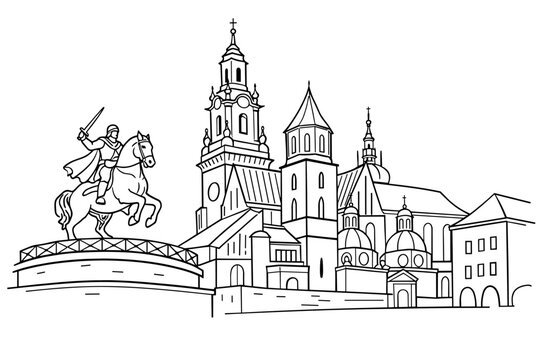 Linear Sketch of Wawel Cathedral in Krakow, Poland, Featuring the Historical Equestrian Statue of Tadeusz Kościuszko. Simple Flat Vector Illustration for Coloring Book or Travel Design.