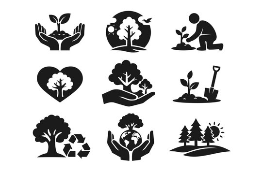 National Arbor Day Environmental Awareness Tree Vector Icon Set featuring Reforestation, Sustainability, Nature Conservation, Planting, Ecology, Green Planet, and Earth Day Creative Concepts.