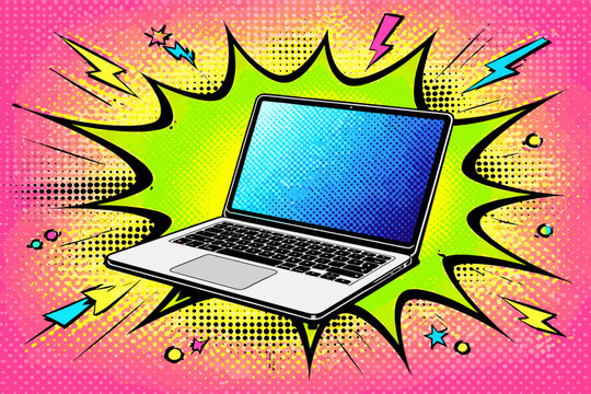 Colorful Pop Art Laptop Vector Illustration with Halftone Dots, Neon Green Explosion, and Lightning Bolts, Ideal for Tech Sales, Digital Marketing, and Creative Online Promotion Graphics.