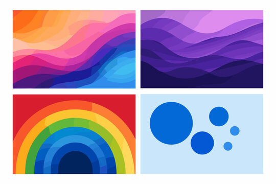 Set of Four Abstract Vector Backgrounds Featuring Fluid Colorful Wavy Gradients, Deep Purple Layered Waves, Vibrant Concentric Rainbow Arc Pattern, and Minimalist Blue Circles Graphic Design Template