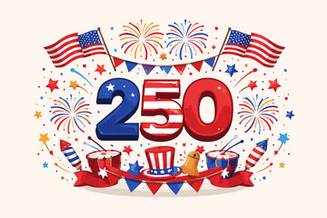 Fototapeta premium Grand Semiquincentennial Jubilee of Sovereign Independence. Festive Vector Graphic with Patriotic Banners, Pyrotechnic Displays, Percussion Instruments, and Iconic Top Hat.