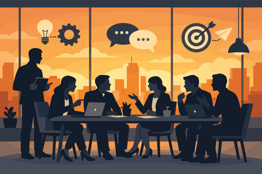 Vector illustration of a professional business team silhouette working together in a modern office meeting room with city skyline view at sunset. Collaboration, brainstorming, and teamwork.