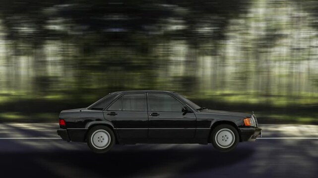 Side view of a Black Car driving on highway at high speed with a forest in the background. Black Car moving forward on background with motion blur effect. 4K Infinite Seamless loop animation.