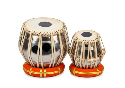 Traditional pair of tabla drums with ornate design and red bases