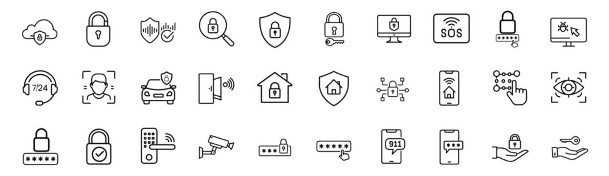 Security and cyber protection web line icons set featuring face ID recognition eye scan CCTV camera smart door lock car safety cloud storage and more Vector Illustration with editable stroke