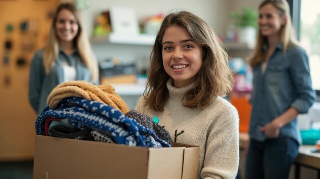 cheerful young woman is holding a box of donated items in a thrift store setting, with another person visible in the background..
