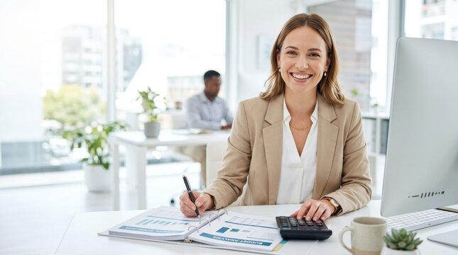 Portrait of a happy professional accountant woman smiling while working with a calculator and documents at a bright modern office desk.