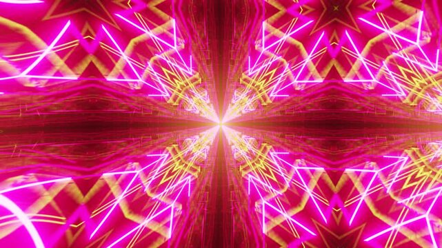 Hypnotic Kaleidoscope Mandala Geometry: A Stunning Abstract Neon Mosaic Featuring Ornamental Patterns and Symmetrical Background Visual Effects
