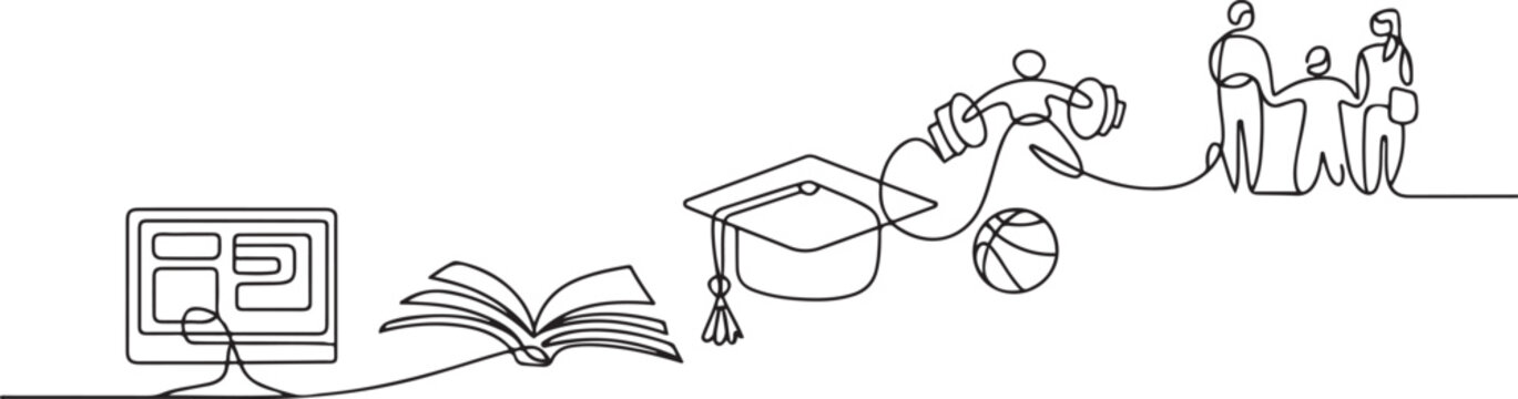 Continuous line drawing of online knowledge, learning, education, teaching, physical education, student life. one line art icon drawing vector