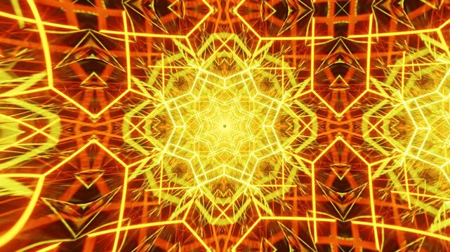 Hypnotic Kaleidoscope Mandala Geometry: A Stunning Abstract Neon Mosaic Featuring Ornamental Patterns and Symmetrical Background Visual Effects

