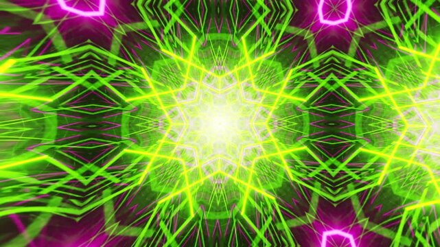 Stunning Ornamental Patterns in Motion: A Kaleidoscopic Abstract Neon Mandala Mosaic Featuring Hypnotic Geometry and Vibrant Visual Backgrounds
