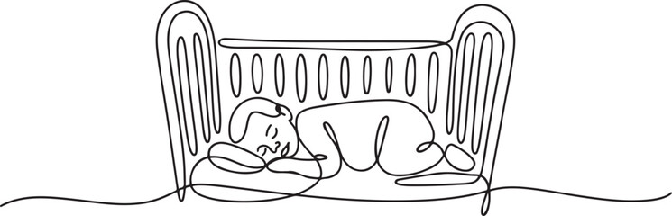 Obraz premium Continuous line drawing of childhood, safety, protection, crib, children s sleep, sleep, relaxation, recreation. one line art icon drawing vector