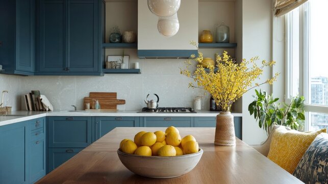 Modern kitchen with blue cabinets and white countertops. the kitchen has a large window on the right side, allowing natural light to enter the space.