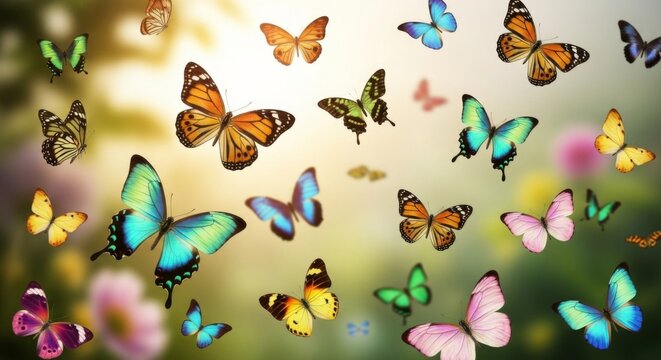 Farbenfrohe Schmetterlinge auf weichem Naturhintergrund als dekoratives Motiv f&uuml;r Textilien Tapeten Verpackungen und kreative Designs Generative KI