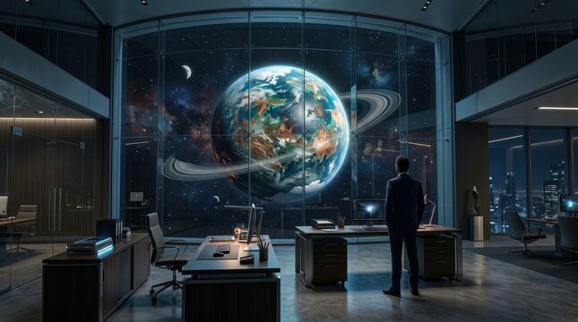 Visionary Vantage Point: A man gazes contemplatively at a breathtaking panoramic view of a cosmic world, the office a haven of innovation and thought, illuminated by the night skyline.