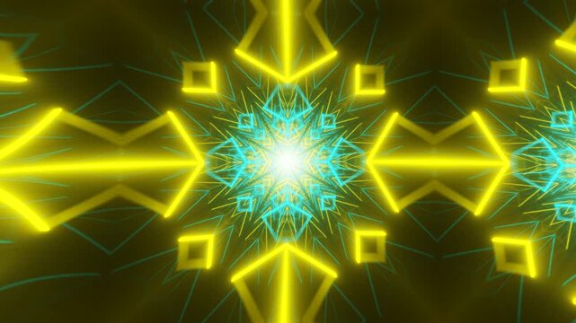 Kaleidoscopic Neon Mandala Geometry: A Mesmerizing Abstract Mosaic of Ornamental Patterns Featuring Symmetrical Background Designs and Dynamic Visuals
