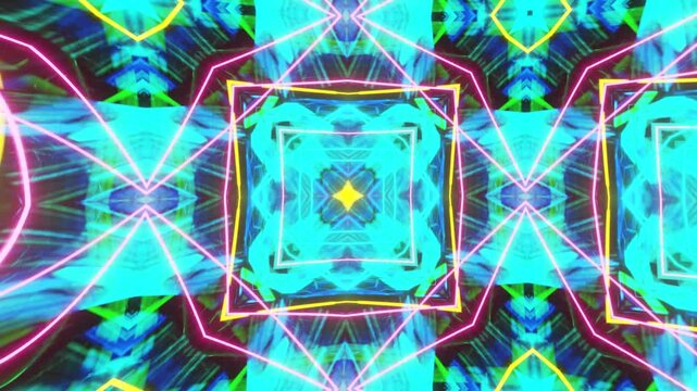 Stunning Ornamental Geometric Patterns: A Kaleidoscopic Abstract Neon Mandala Mosaic Featuring Bold Symmetry and Dynamic Background Textures
