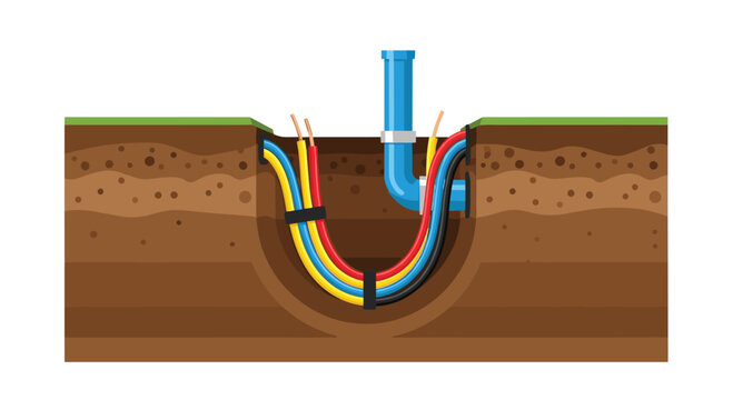 Multicolor electrical conduits and a central blue drainage pipe are neatly installed within a deep trench cut into layered brown soil under green grass.