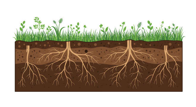 Lush green grass covers a detailed subterranean soil cross-section featuring multiple complex root systems spreading deep into the dark organic earth layers.