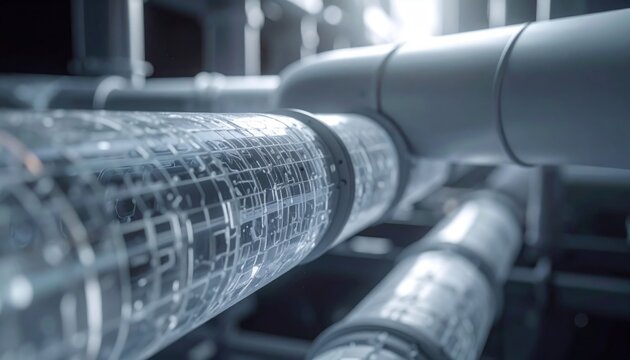 Technical close up of industrial piping system with digital overlay of circuit patterns and data flows in a dark facility