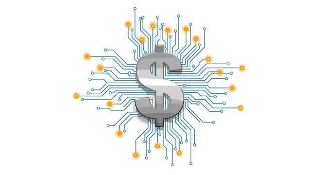 Large polished metallic dollar sign rests centrally on a complex blue circuit board pattern featuring glowing orange connection nodes on a white background.