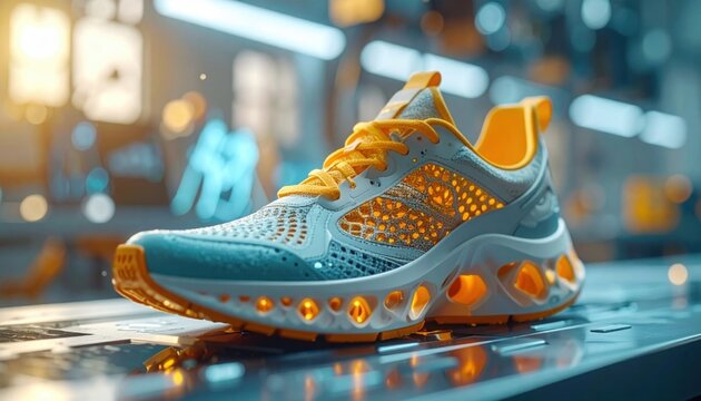 Modern running sneaker with glowing orange honeycomb sole structures and blue mesh upper sits in futuristic factory setting