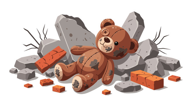 A tattered brown teddy bear rests motionless upon a pile of sharp concrete fragments and broken red bricks in a gritty scene with high contrast textures.