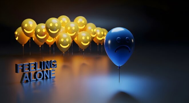Sad blue balloon standing out from a crowd of happy yellow balloons