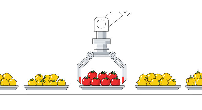 Automated mechanical robotic arm picking up a tray of vibrant red tomatoes from a conveyor belt in a modern industrial food processing facility setting.
