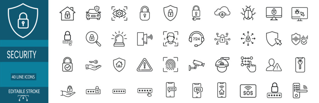 Security and cyber protection web line icons set featuring padlock shield lock eye scan fingerprint recognition CCTV camera cloud safety and more Vector Illustration with editable stroke