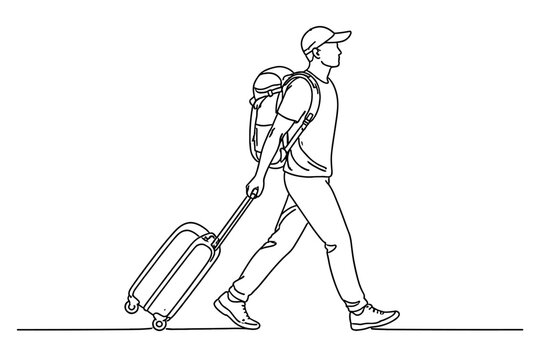 Continuous line drawing of a young male traveler walking with a backpack and pulling a rolling suitcase behind him, minimalist vector illustration of a man on a journey or vacation trip.