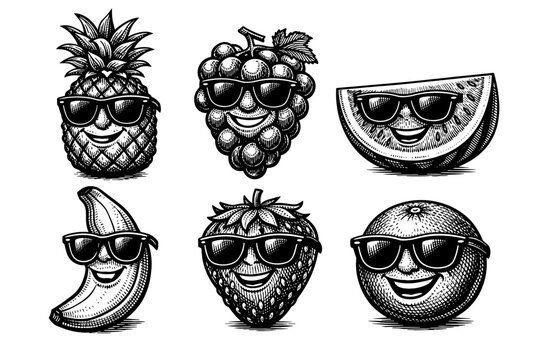 Set of Hand Drawn Monochrome Fruit Characters Wearing Sunglasses in a Vintage Woodcut Engraving Style Including Pineapple Grapes Watermelon Banana Strawberry and Orange for Retro Summer Designs