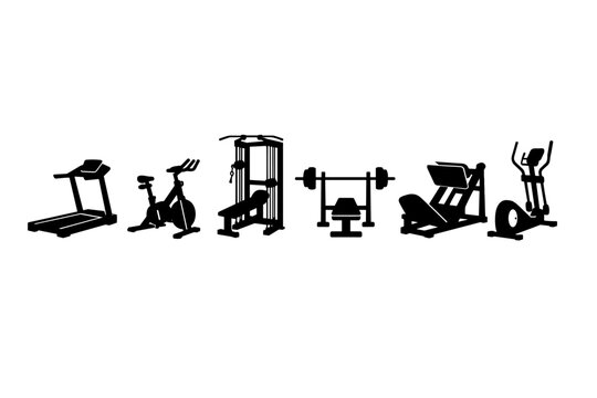 Set of six black silhouettes of gym fitness machines and exercise equipment including treadmill, stationary bike, lat pulldown, bench press, leg press, and elliptical trainer on white background.