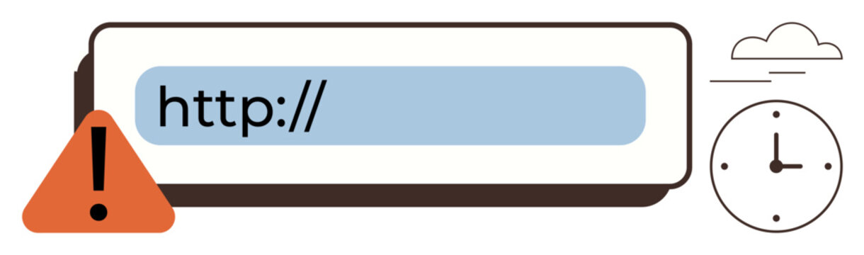 Internet safety, cybersecurity, website error, time restriction, secure browsing, data protection. A highlighted URL field with a warning icon and clock. Internet safety and cybersecurity