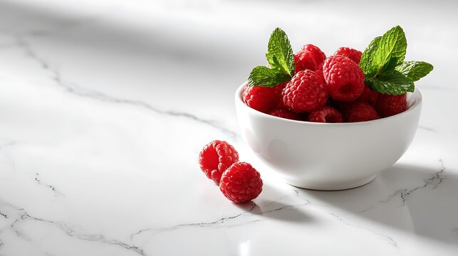 A bowl of fresh raspberries with mint leaves on a marble countertop