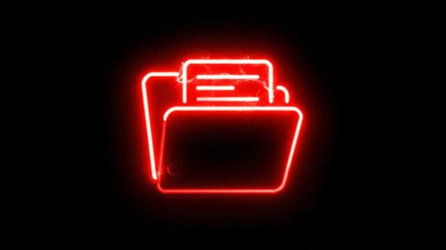 Red glowing neon folder with documents animation, digital file storage concept, data access and cybersecurity illustration