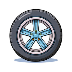 Obraz premium Colorful illustration of a single car wheel with a five spoke alloy rim and black tire on a white background