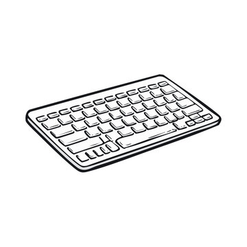 Hand-drawn illustration of a compact wireless computer keyboard with a clean, modern design and multiple keys.