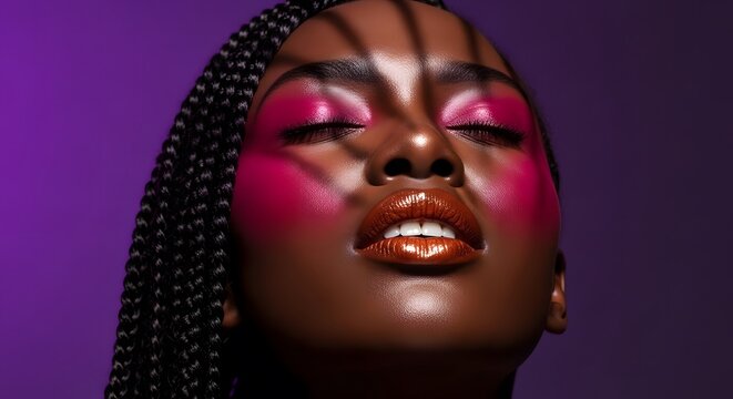 Woman with dramatic makeup and purple background.