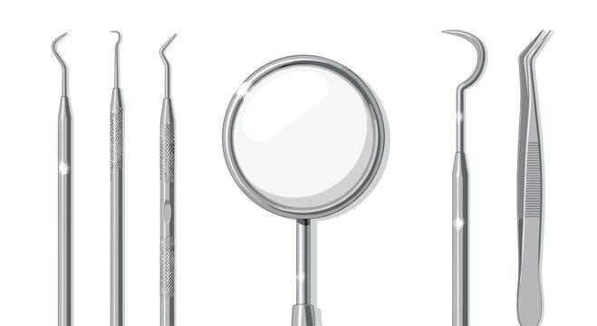 A set of professional stainless steel dental tools including a mirror and probe are arranged precisely on a sterile white surface with sharp highlights.