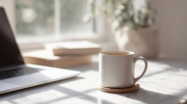 White ceramic mug with a wooden coaster on a marble desk. the mug is filled with a dark brown liquid, possibly coffee or tea. next to the mug, there is a laptop and a stack of books.