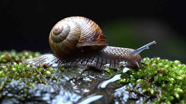 Snail on the Move: A detailed view of a snail gracefully traversing a mossy surface, showcasing its intricate shell and the moist environment it thrives in.