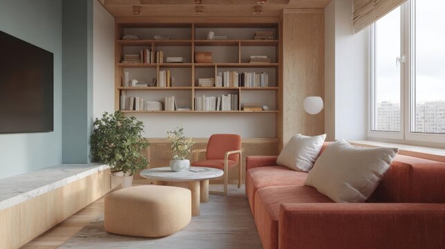 Modern living room with a large window on the right side. the window has a view of the city skyline. the room has a wooden ceiling with recessed lighting.